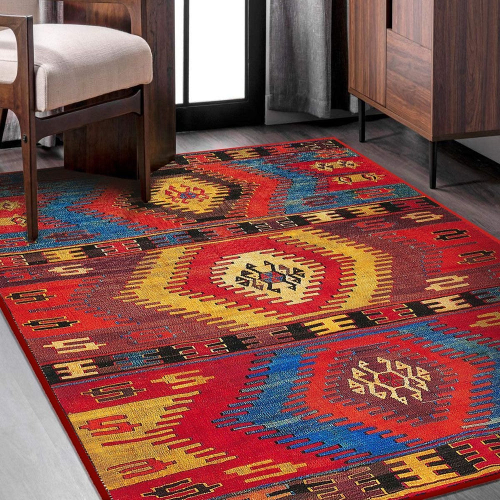 Turkish Kilim Rug in a vibrant, geometric pattern enhancing a modern living room.