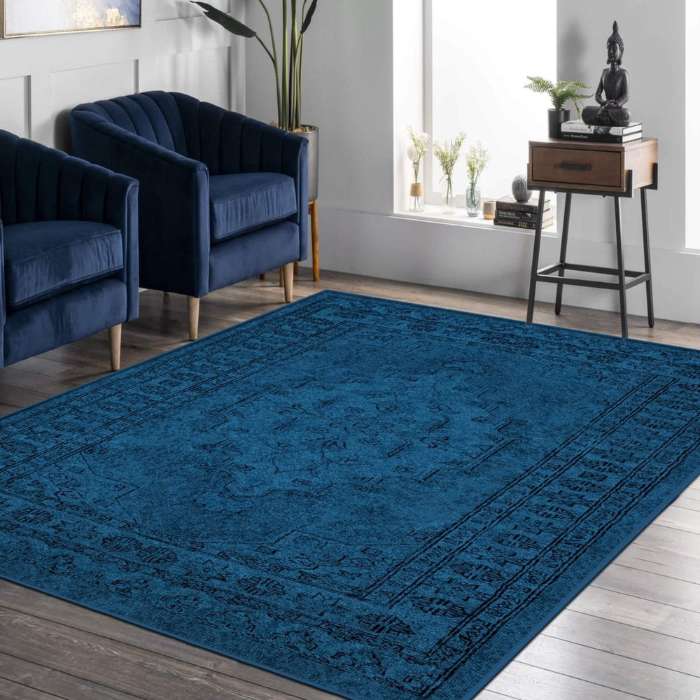 Machine-washable Deep Blue Rug, ideal for high-traffic and family-friendly areas.