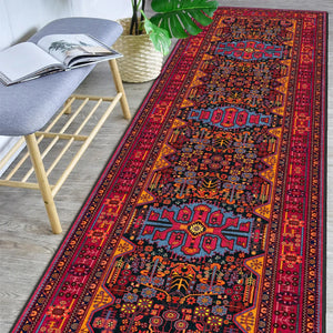 Rich deep red Persian Washable Runner with intricate patterns in navy blue, gold, orange, and cream